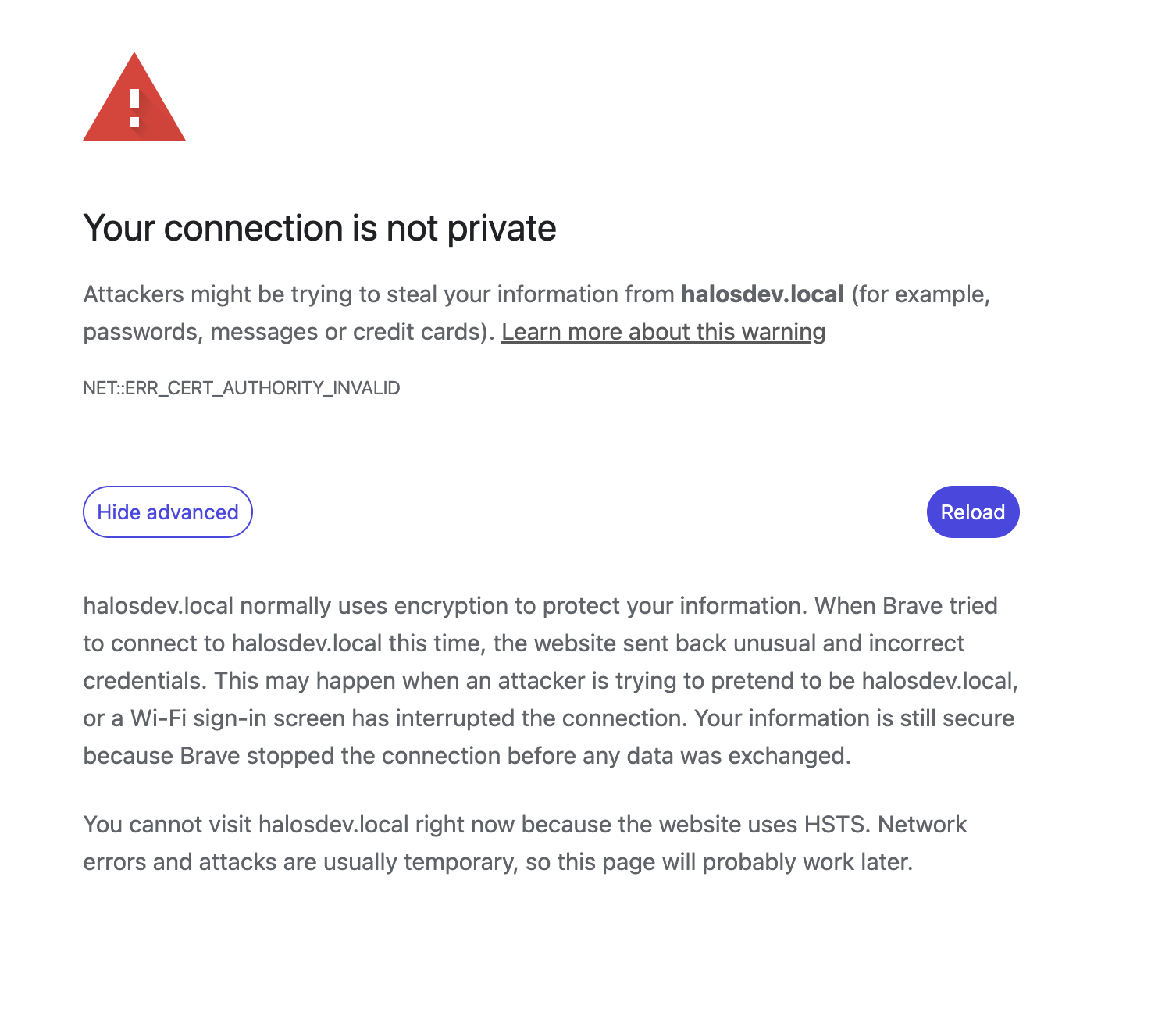 Brave warning page after re-flash, with HSTS notice and no proceed-anyway option